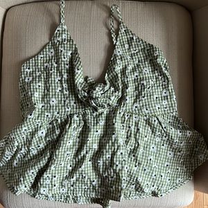 Cute Green Gingham Daisy Tie Up Floral Top MEDIUM